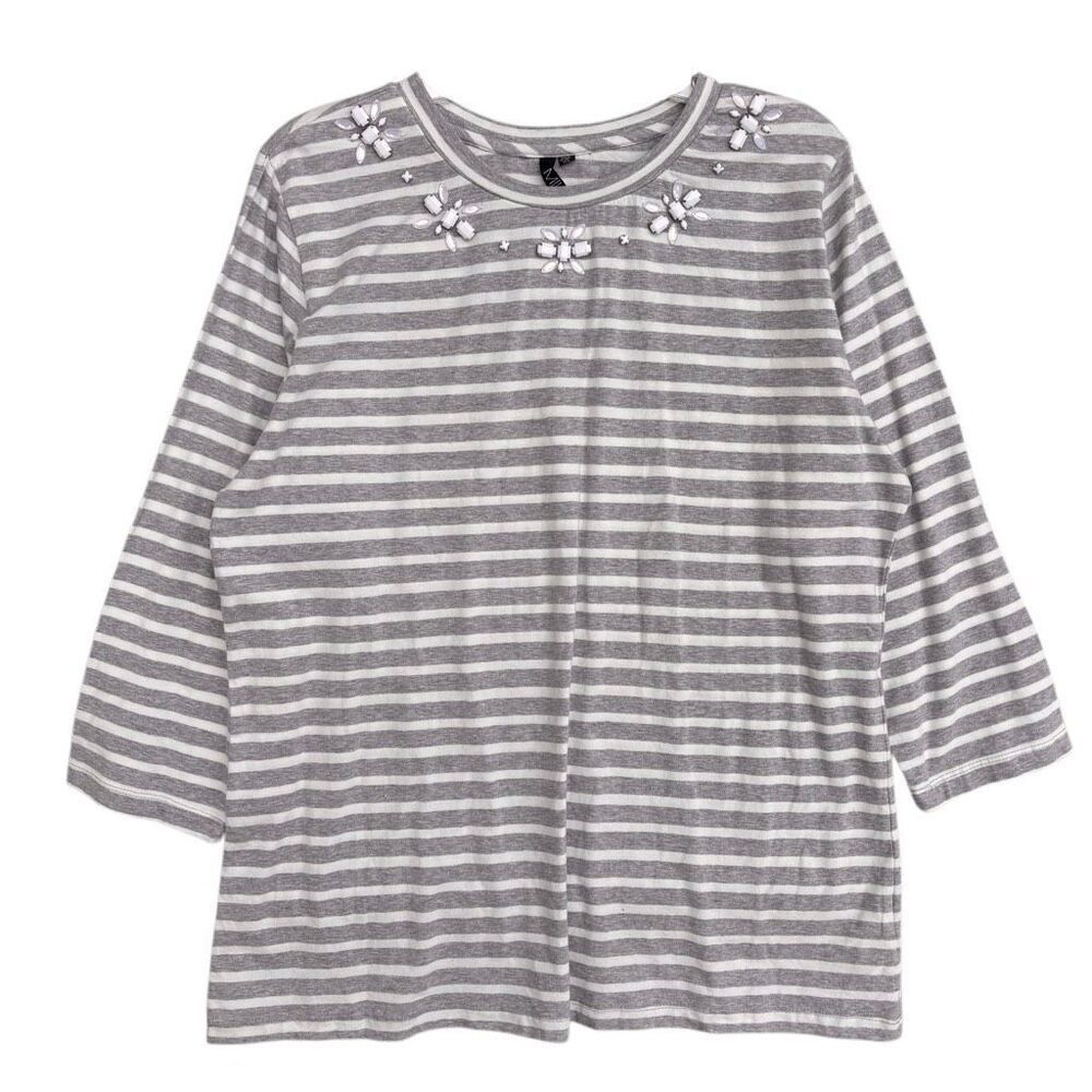 MIK Gray Striped Tunic Blouse Women Size X Large Beaded Crew Neck Long Sleeve
